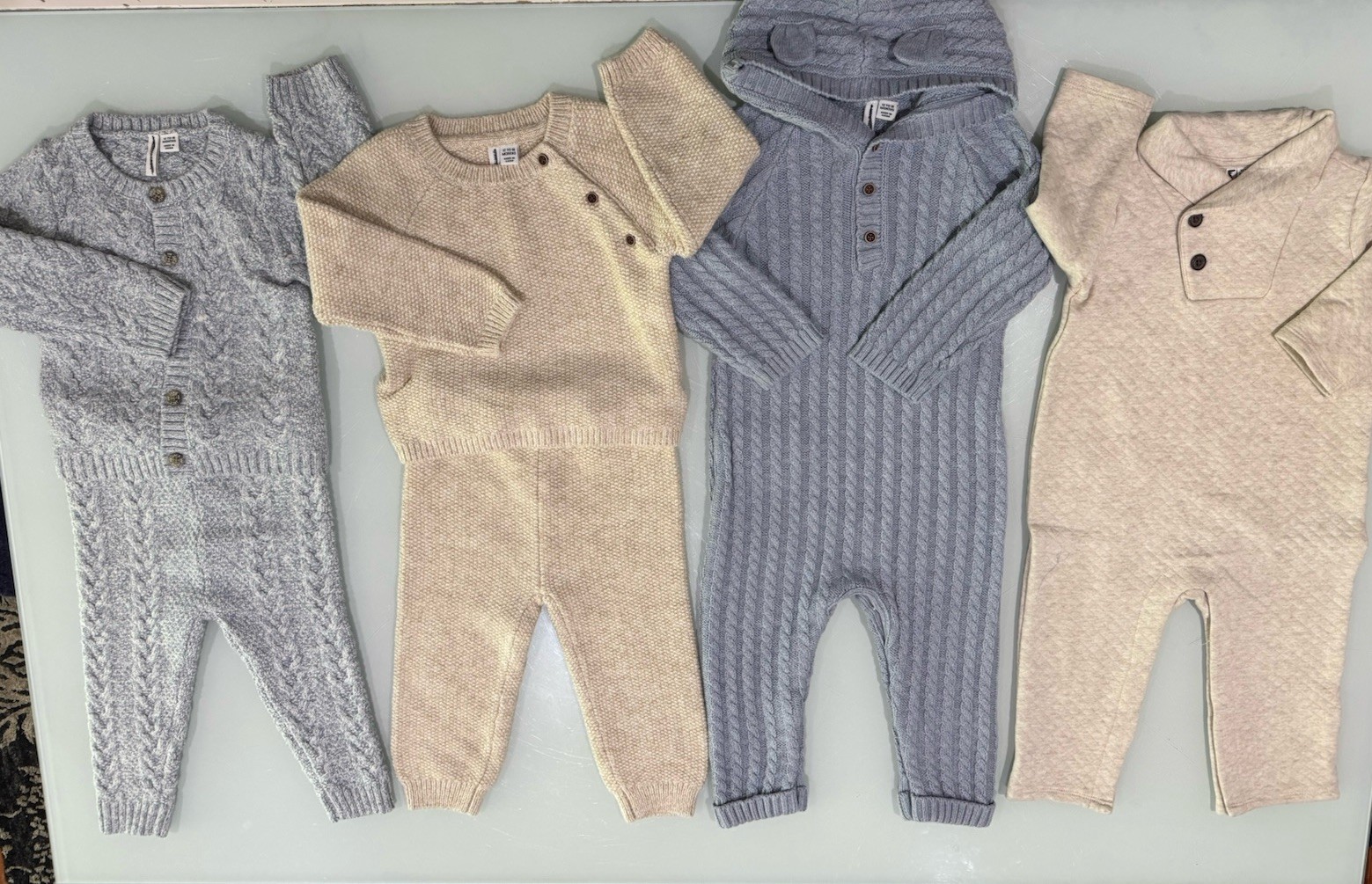JANIE AND JACK Snow Cub Tan Cable Knit 14 PCS Set & Romper Size 12-18 Month