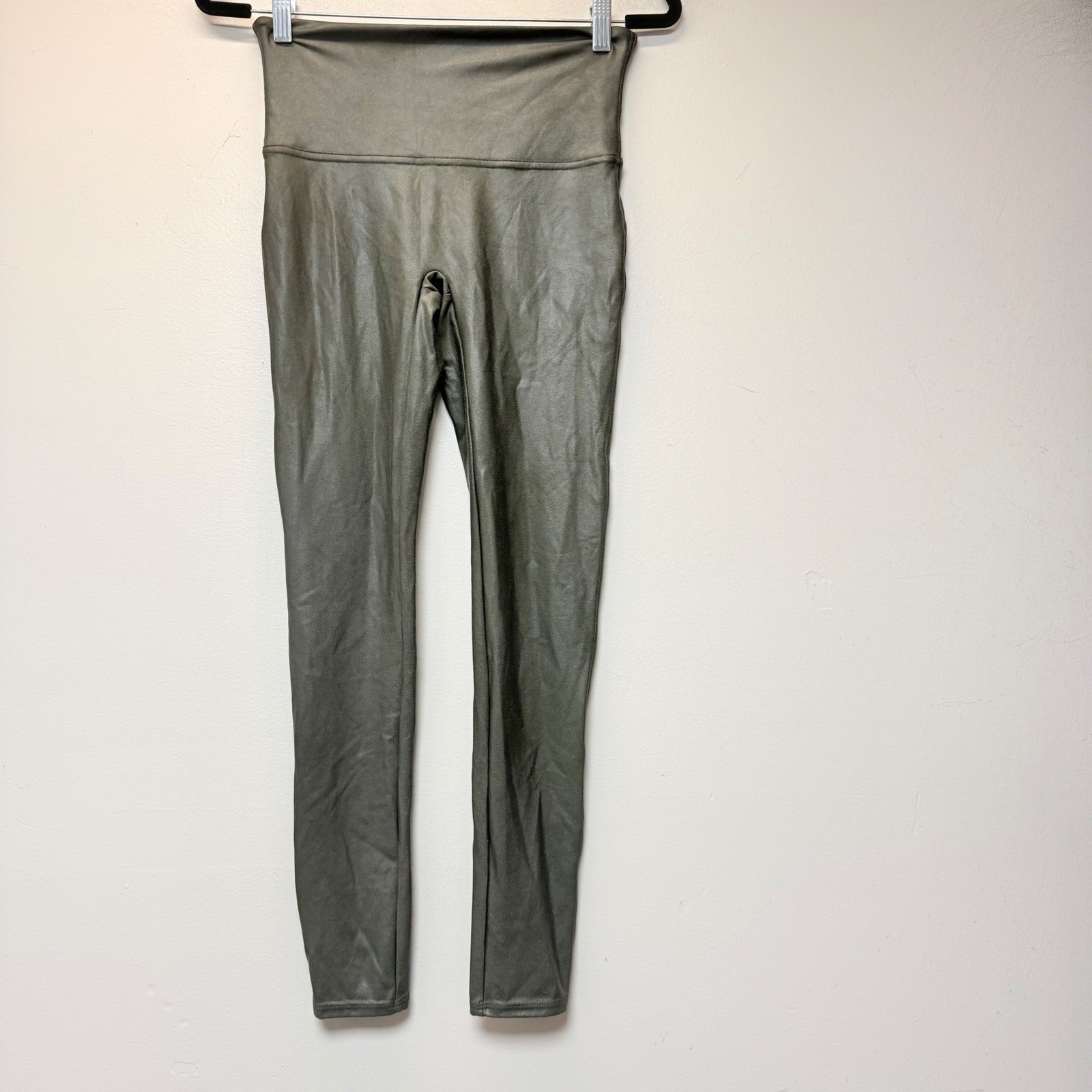 Spanx Faux Leather Leggings Womens Large Olive Green Excellent High Waist 9813