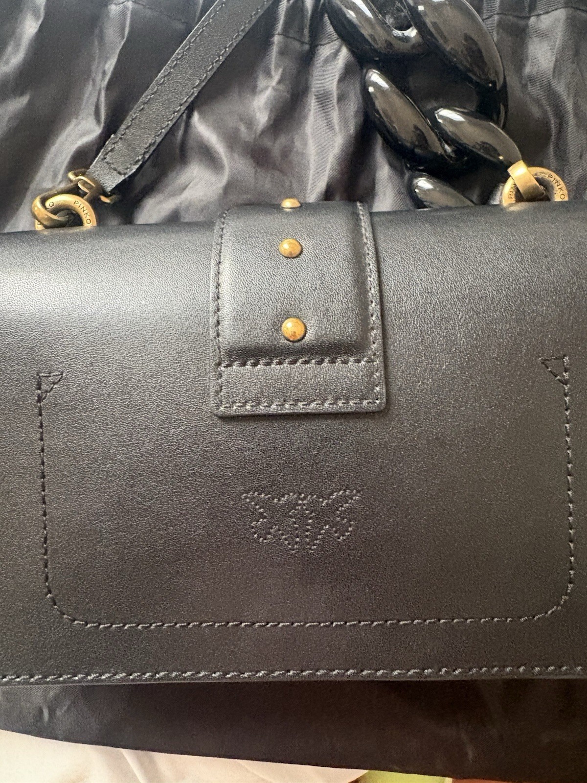 PINKO Black Crossbody Bag Gold Bird Logo Hardware Magnetic Zip + Dust Bag