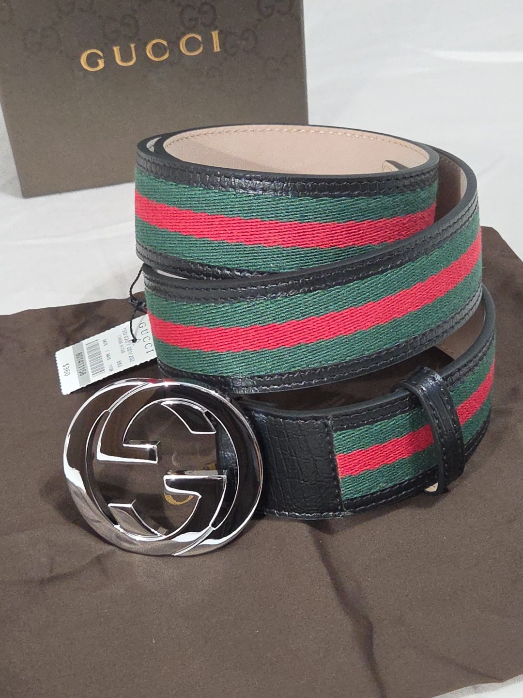 Gucci Black Green Red Striped Belt Size 38-40 IT 110CM Silver Buckle