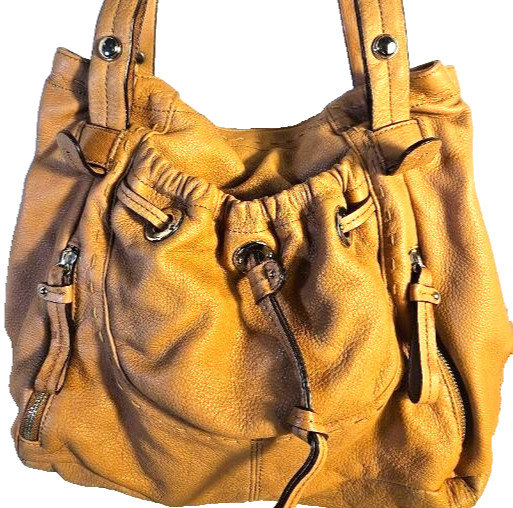 B. Makowsky Tan Pebbled Leather Hobo Shoulder Bag Drawstring Leopard Lining