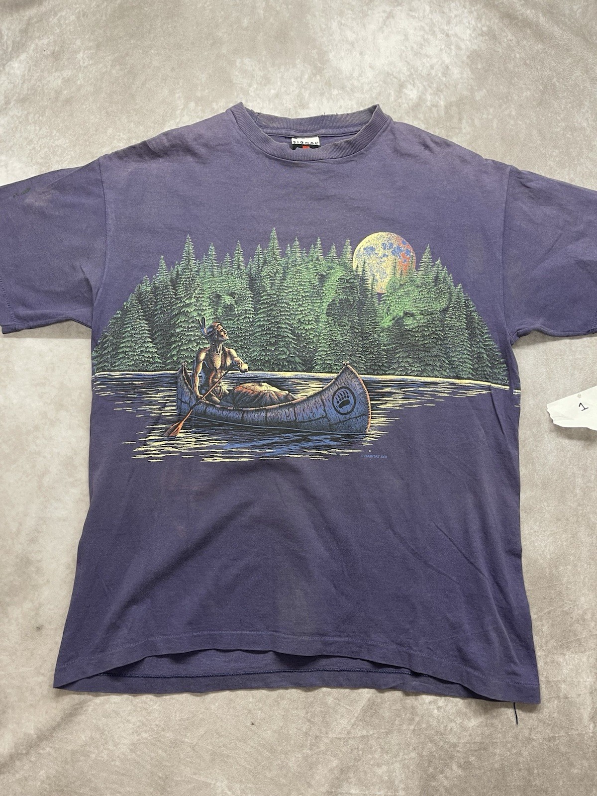 Vtg 90s Signal Sports Native American Canoe Chief Full Moon Forest T-Shirt
