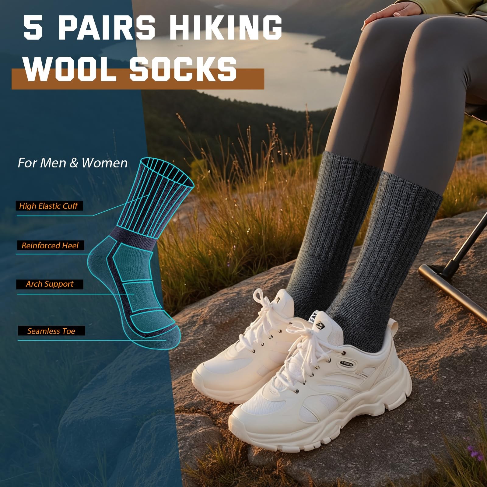 5 Pairs Wool Socks for Women, Thermal Warm Womens Merino Wool Hiking Socks, Cozy