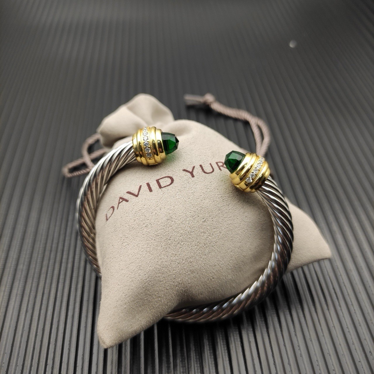 David Yurman Signed 925 Sterling Silver Cuff Bracelet Green Onyx Stackable