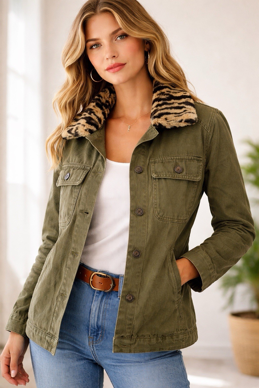 Dear John Olive Animal Print Collar Button Jacket XS Women, Pockets