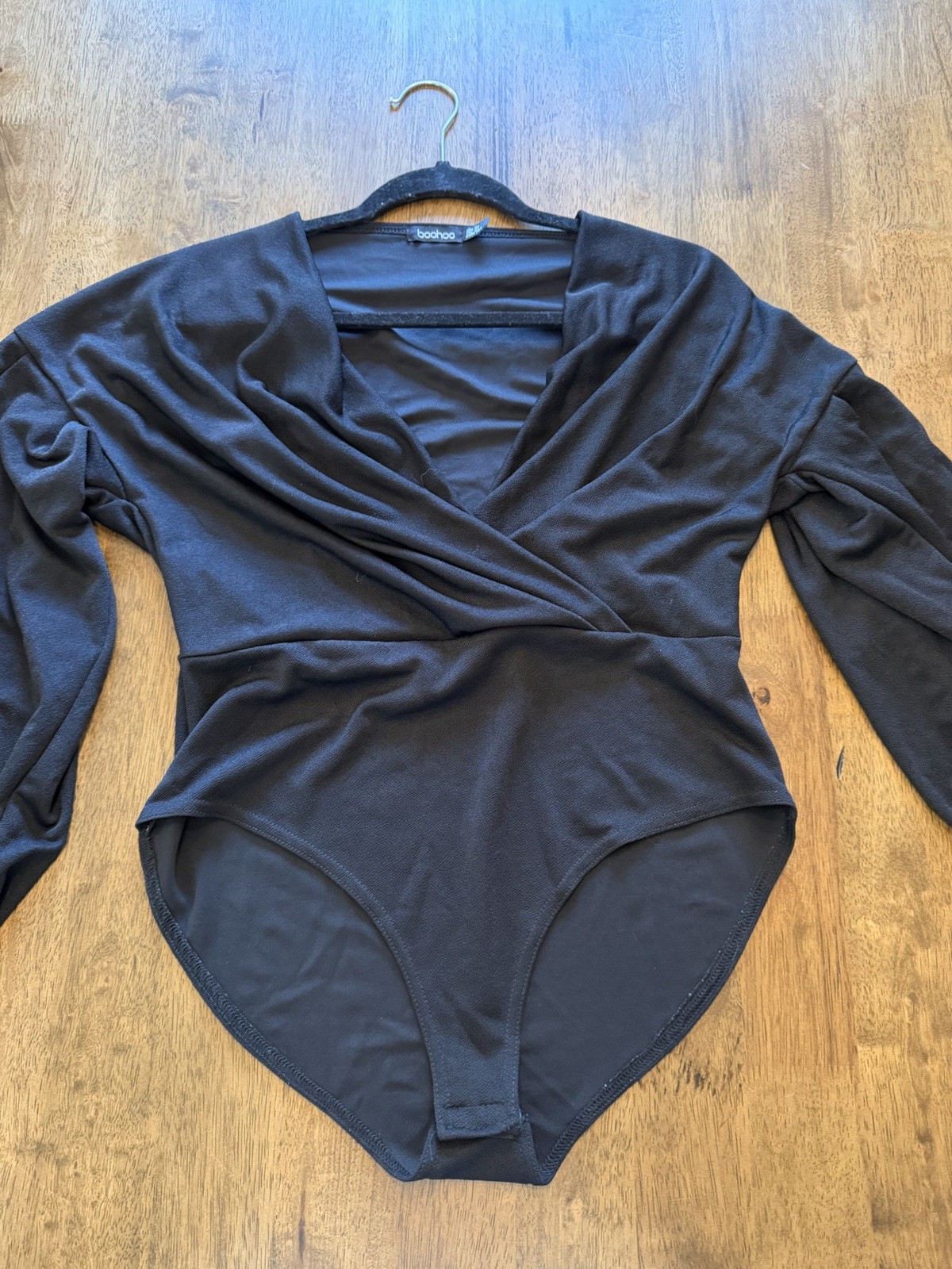 boohoo Black Long Sleeve Wrap V-Neck One-Piece Bodysuit US 12 Solid