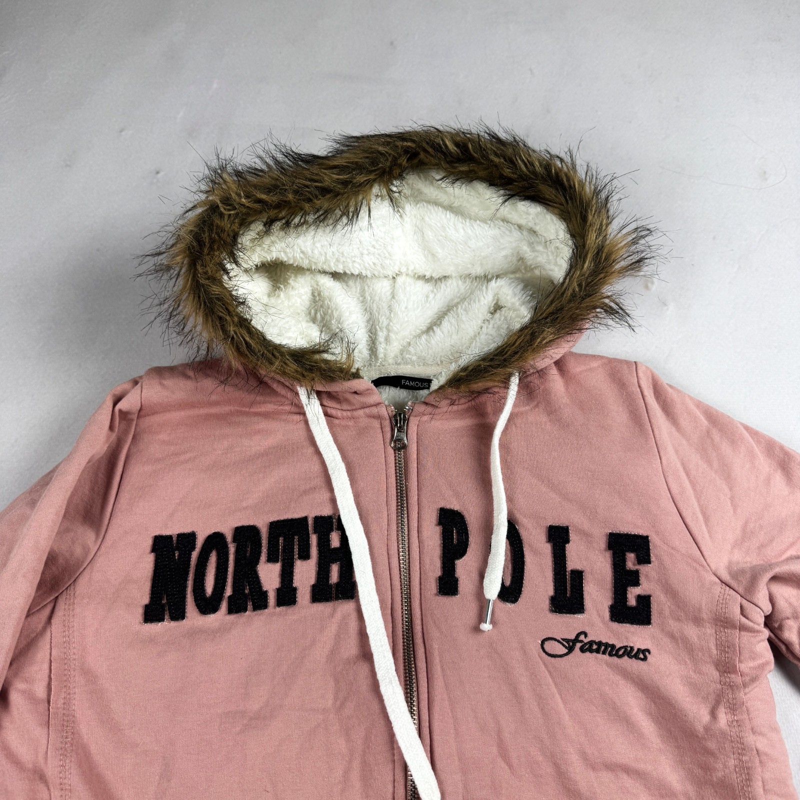 Womens Famous North Pole Sherpa Lined Fur Hood Full Zip Hoodie Jacket Pink Casua