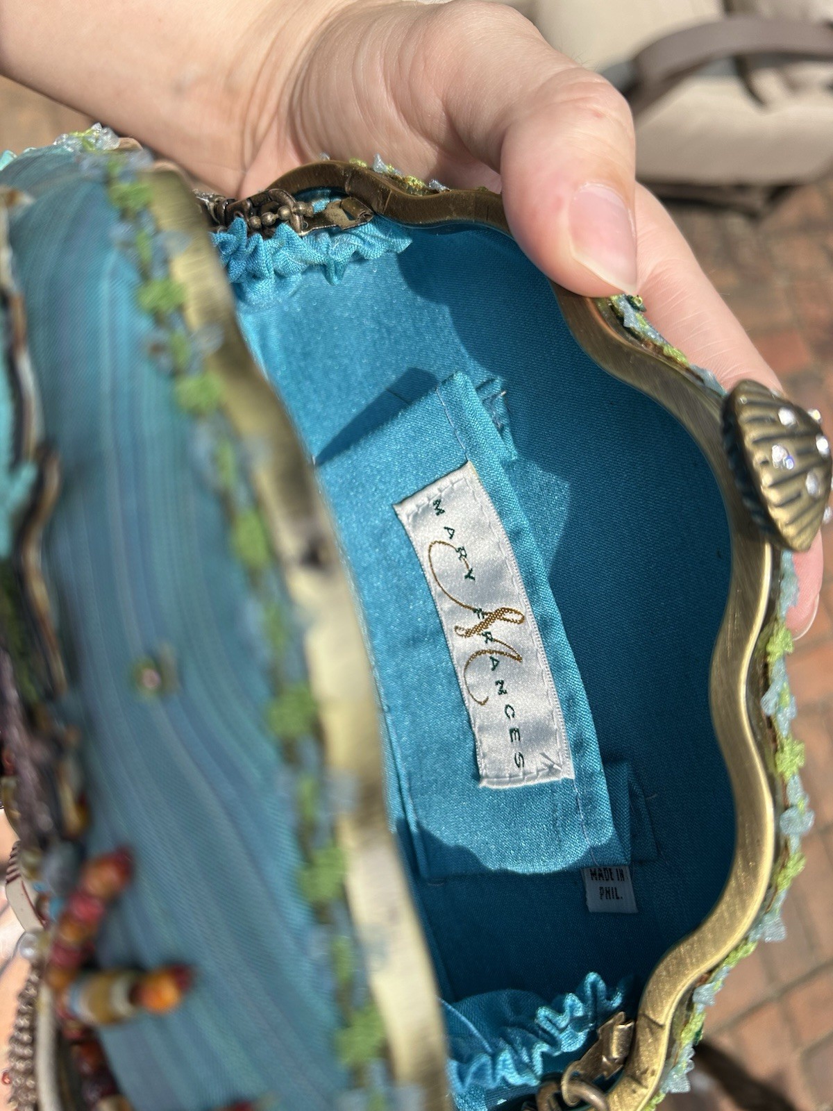 Mary Frances Blue Beaded Embroidered Sea Life Kiss Lock Clutch w/ Strap
