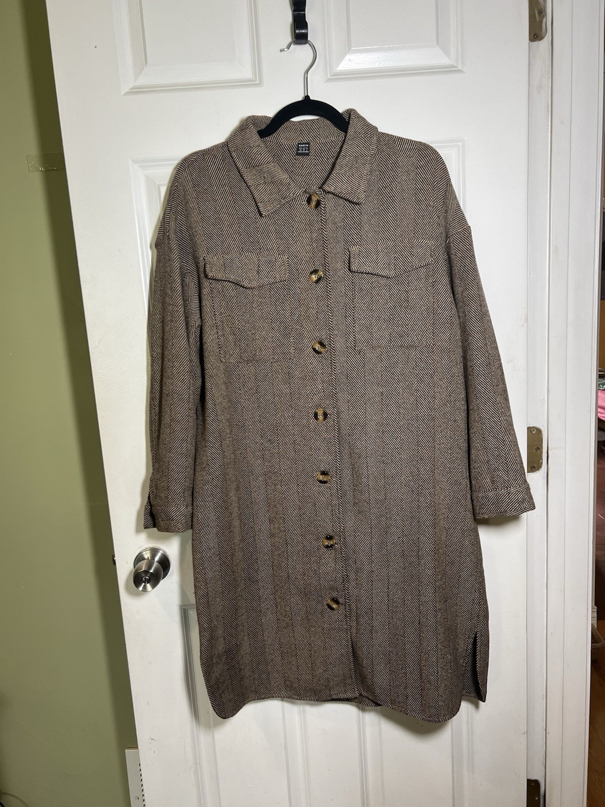 SHEIN Women’s Brown Herringbone Tweed Button-Front Collared Shirt Dress S