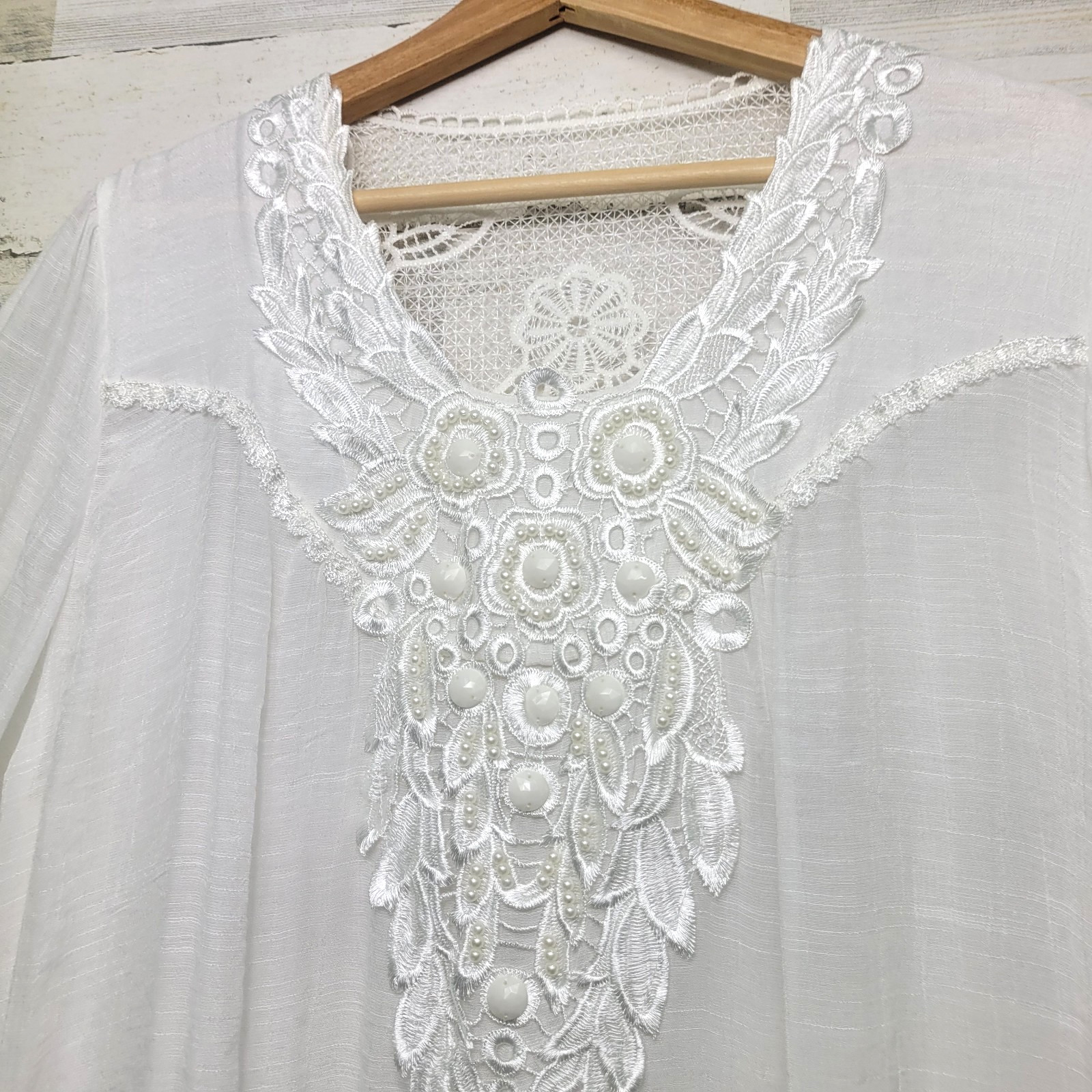 Pretty Angel White Crochet Trim Blouse L Pearl Embellished Scoop Neck Sheer Top