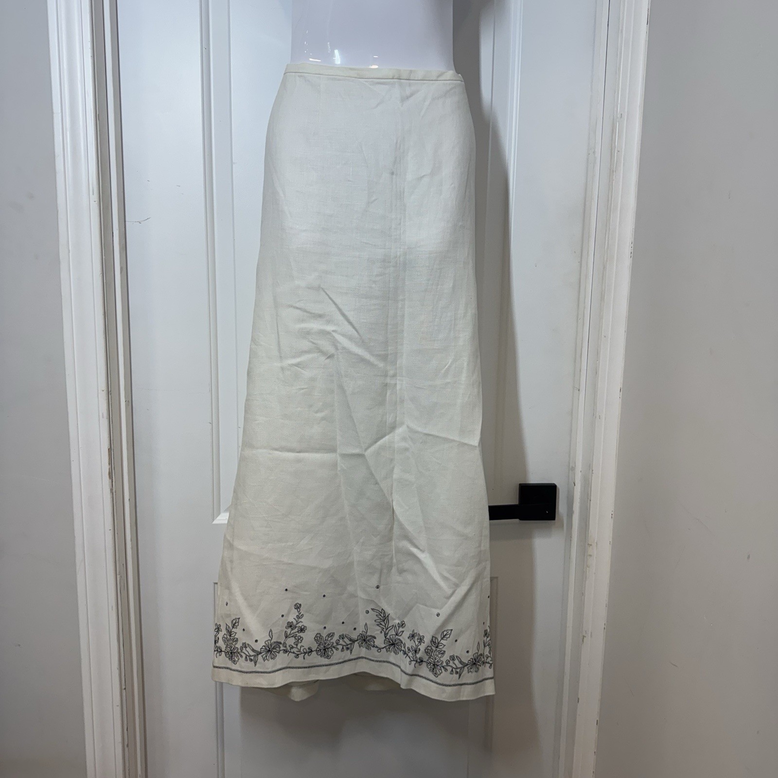 VTG 90s Norton McNaughton 100% Linen Skirt Sz L Ivory Embroidered Modest Coastal