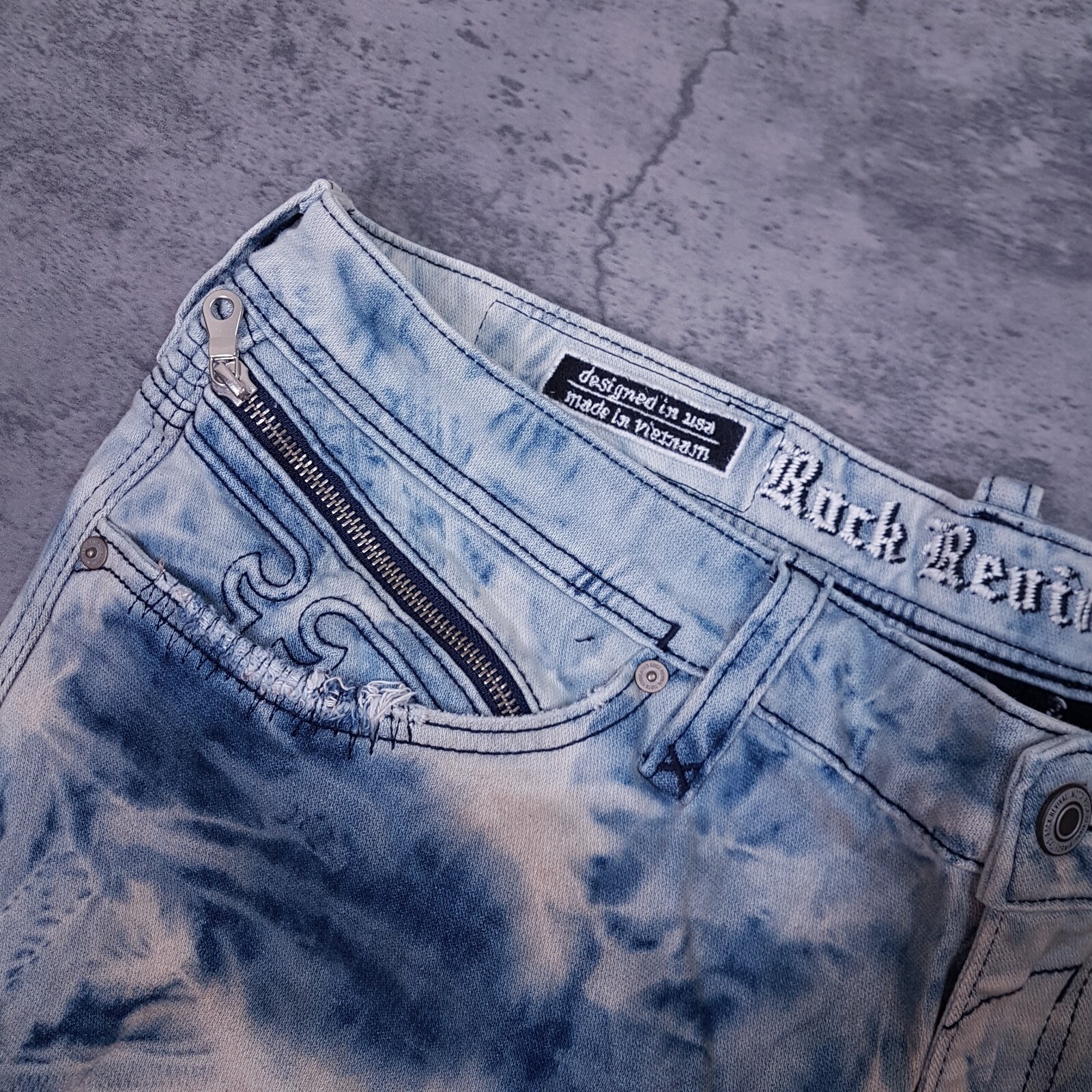 ROCK REVIVAL Daviday Moto Acid Wash Straight Distressed Jeans Mens Size 40×32