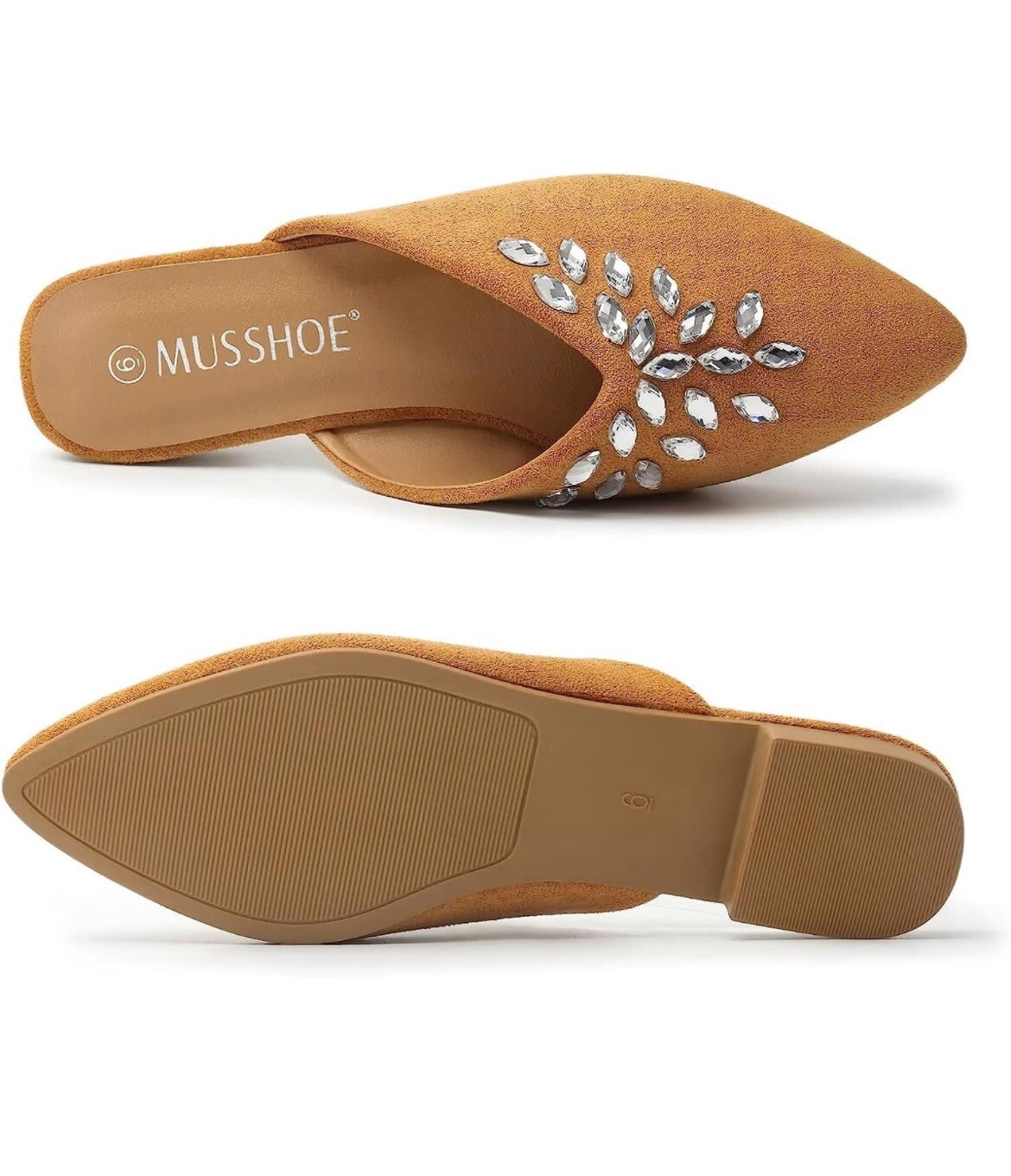 Musshoe Womens Slip On Pointed Toe Comfort Flats Mules Tan Size 7