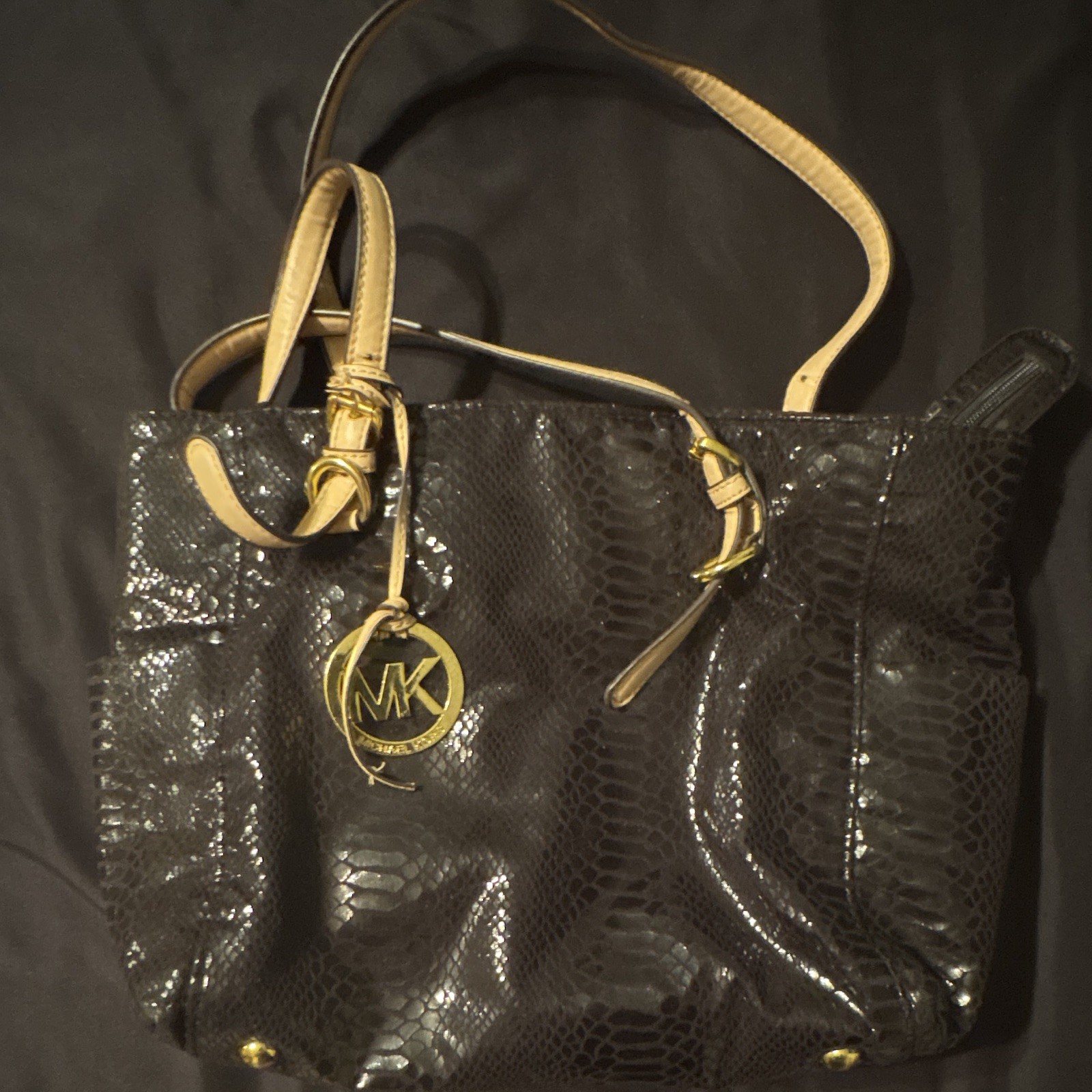 Michael Kors Women’s Black Patent Animal Print Tote Zip Gold Hardware Charm