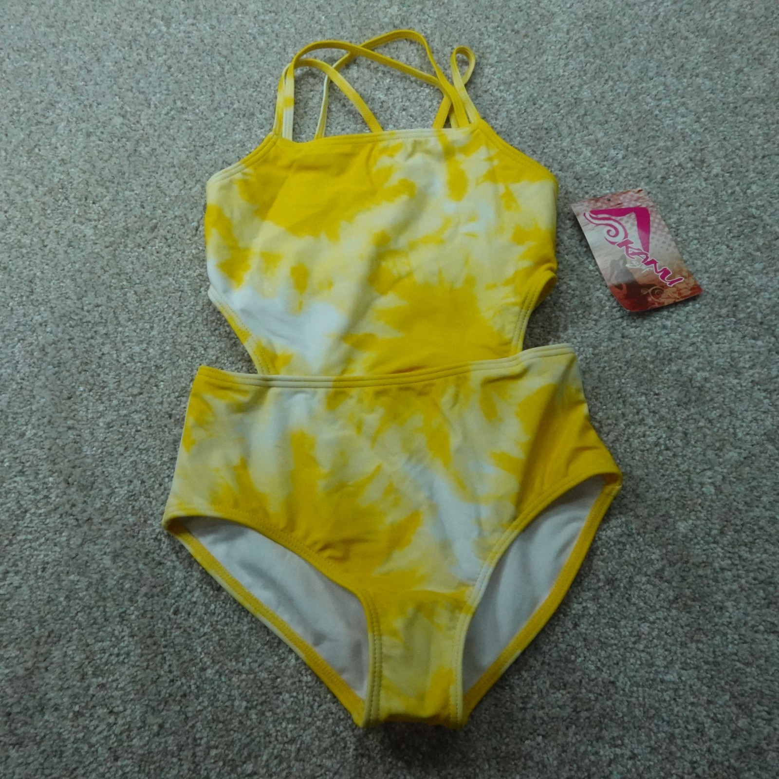 Kanu Surf Swimsuit Girls 10 Yellow Tie Dye One Piece Cut Out Bathing Suit 9564