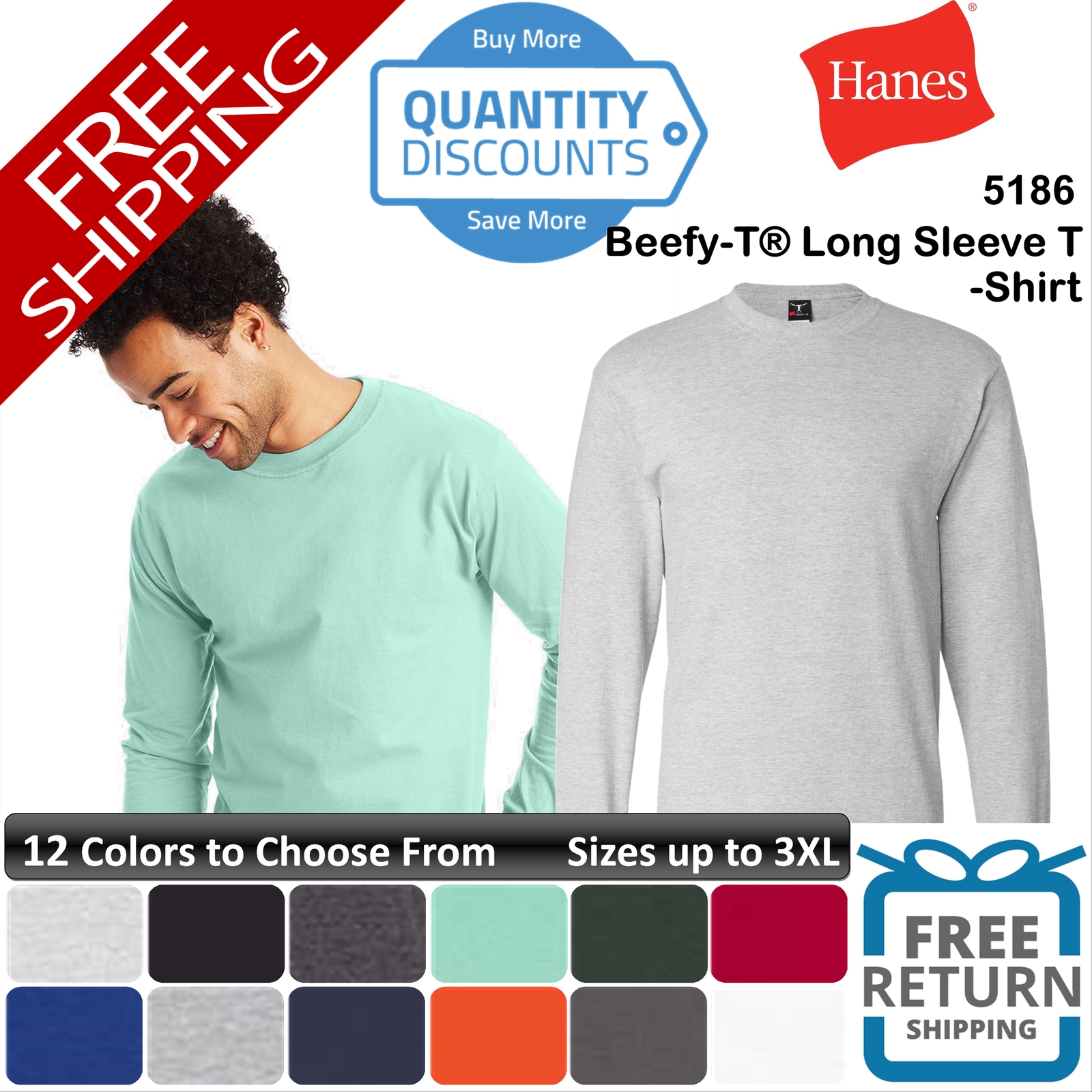 Hanes Men Beefy-t Long Sleeve Ring-spun Cotton & Blends T-shirt Up To 3XL 5186