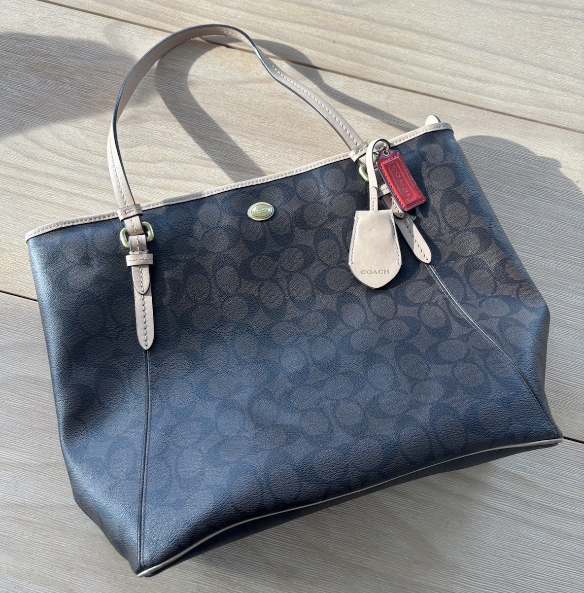 NEW Coach Signature F28365 Contrast Trim Tote Purse Shoulder Handbag Brown