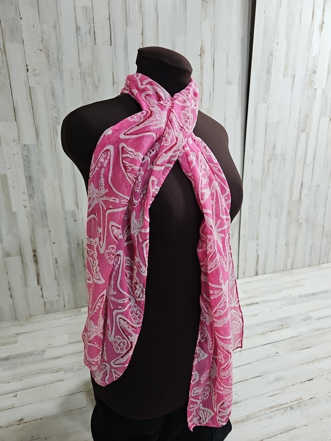 Starfish Floral Seashell Semi-Sheer Scarf Pink 64 Inches Long Shaw