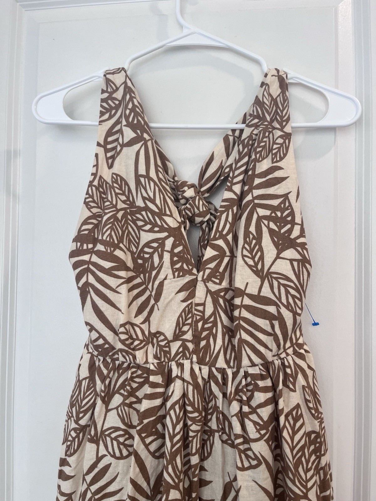 House of Harlow 1960 Linen Blend Tropical Leaf Print Plunge Open Back Dress