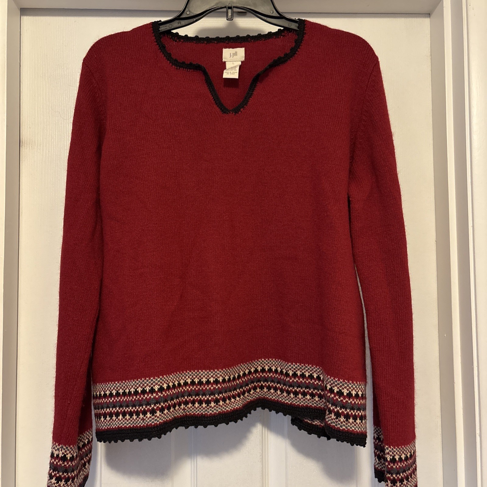 J. Jill Women’s Large Red Black V-Neck Wool Angora Blend Pullover Sweater Mature
