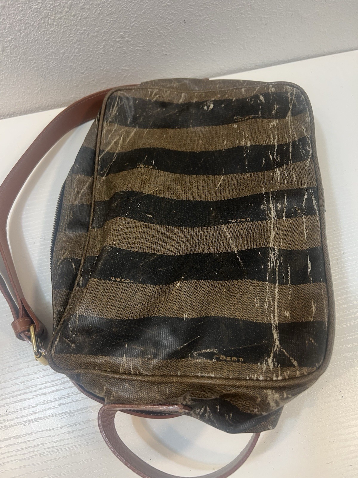 Fendi Bag Crossbody FF Logo Purse Brown Stripe Gold Buckle Zucca Long Man Camera