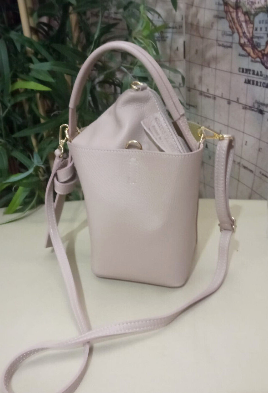 Quadro Bucket Bag with Pockets and Shoulder Strap Color Nude GENUINE LEATHER Made…