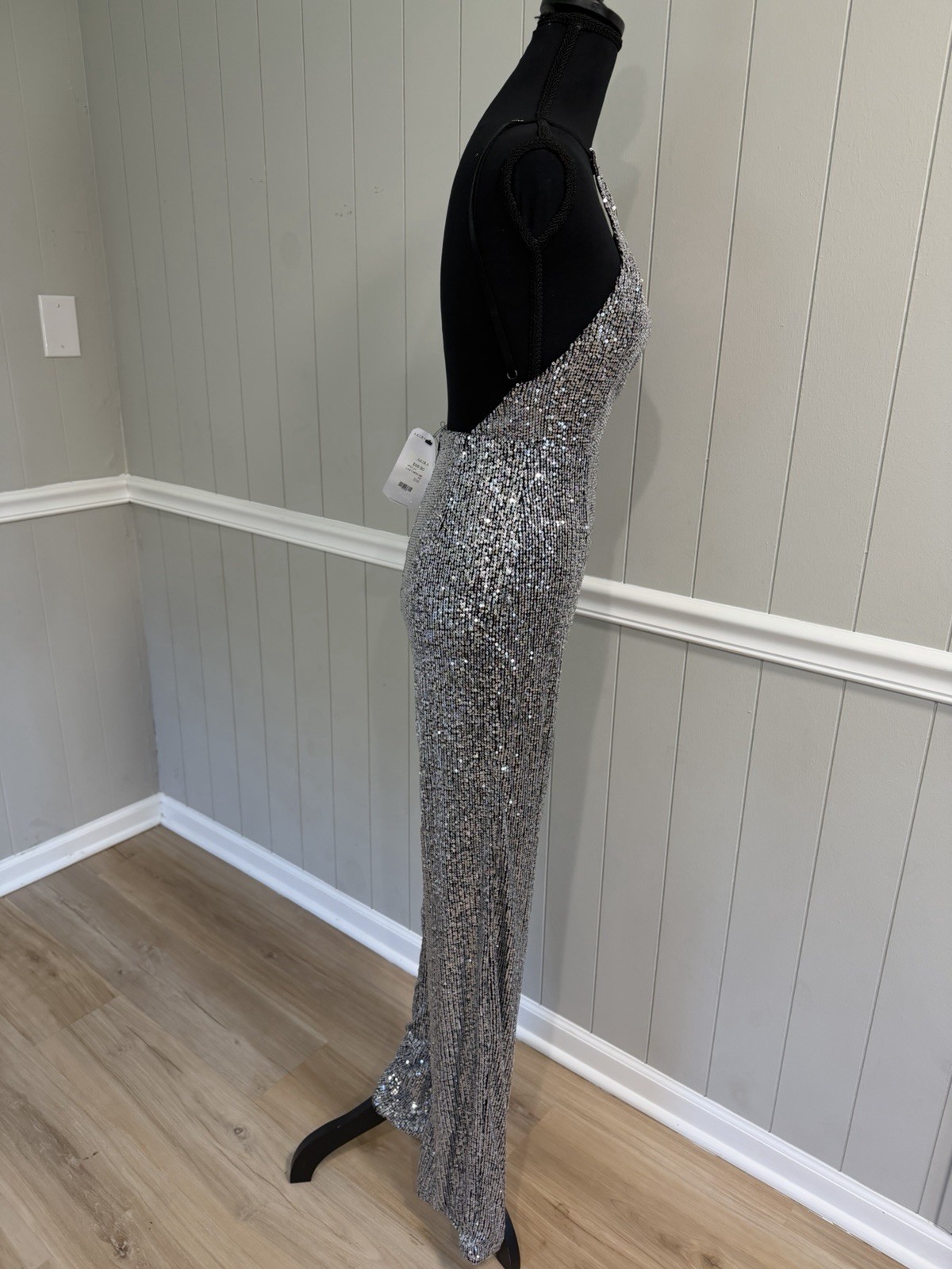 AKIRA Silver Sequin Halter Jumpsuit XS New With Tags Straight Leg Party Clubwear