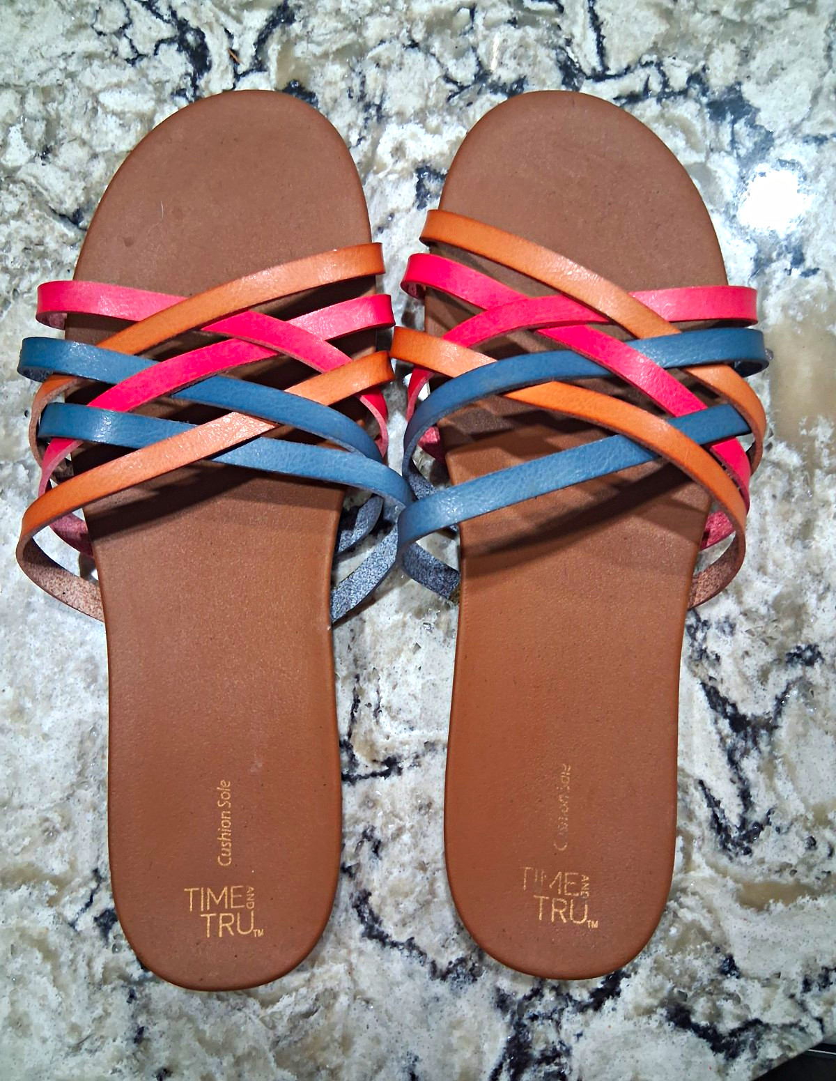Time and Tru Comfort Cushion Sole Strappy Slip-On Flat Sandals Leather 12