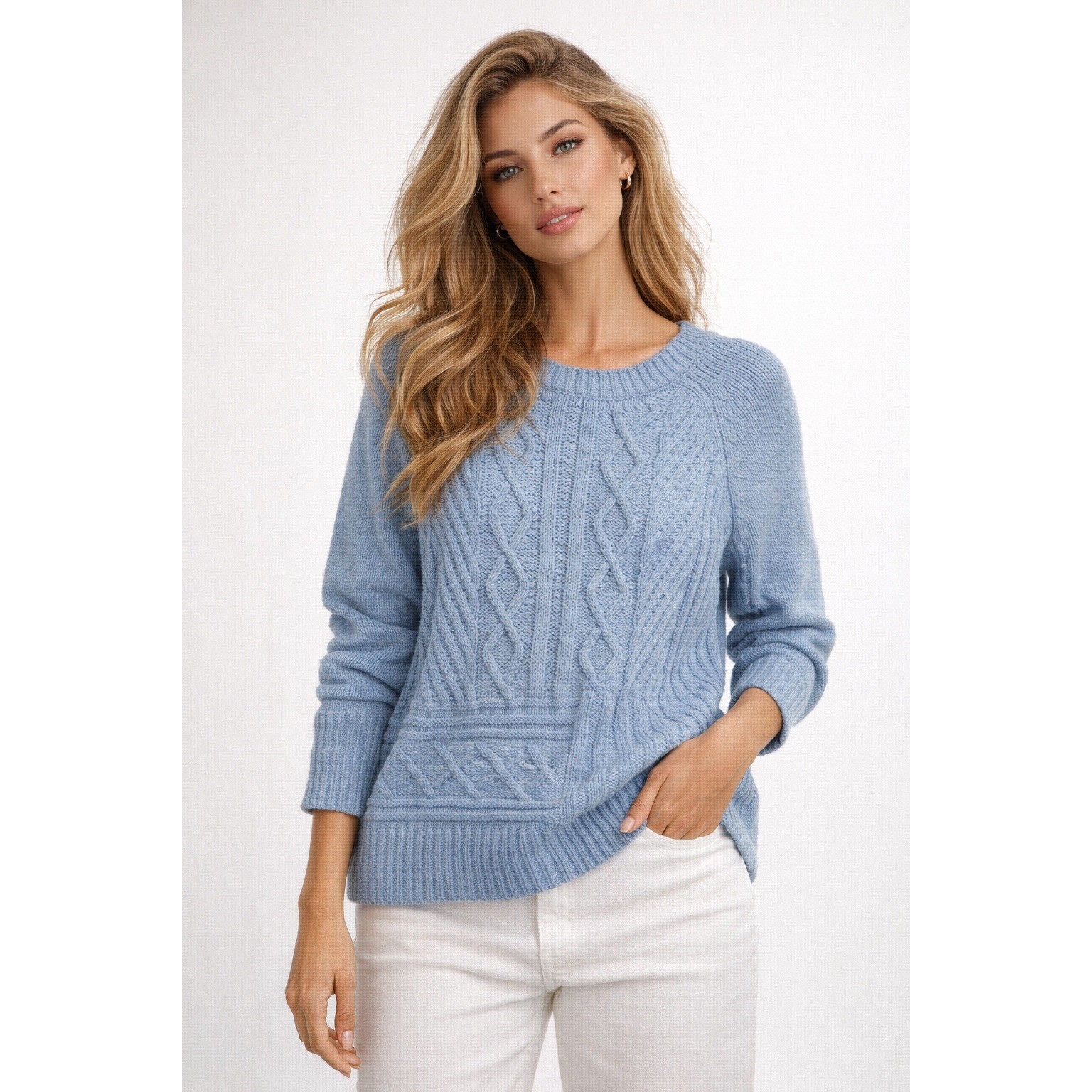 Staccato Cable Knit Sweater Womens L Blue Cozy Soft Fisherman Cottagecore Preppy