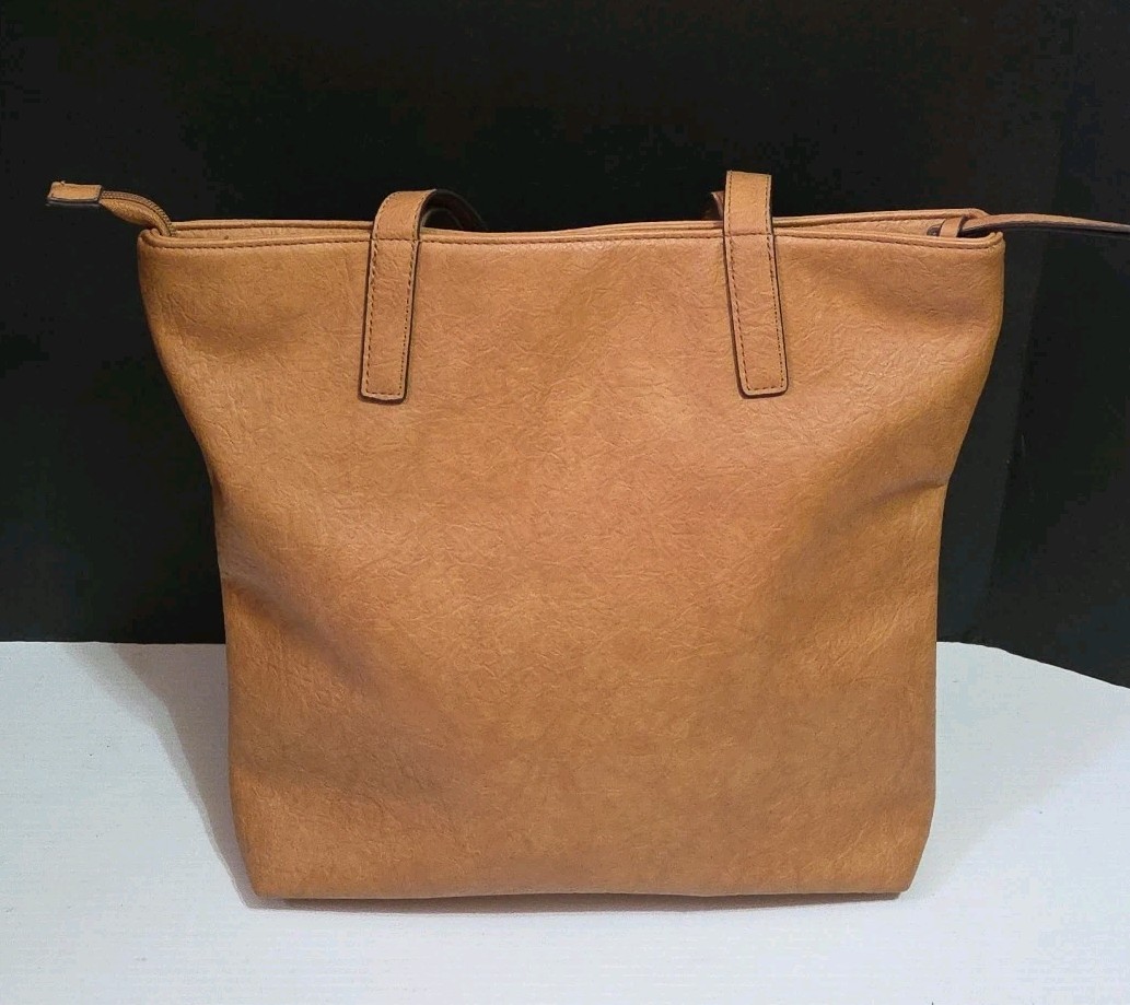 Womens Brown Vinyl Tote Shoulder Stylish Everyday Purse Bag & Cosmetic Bag 17×13