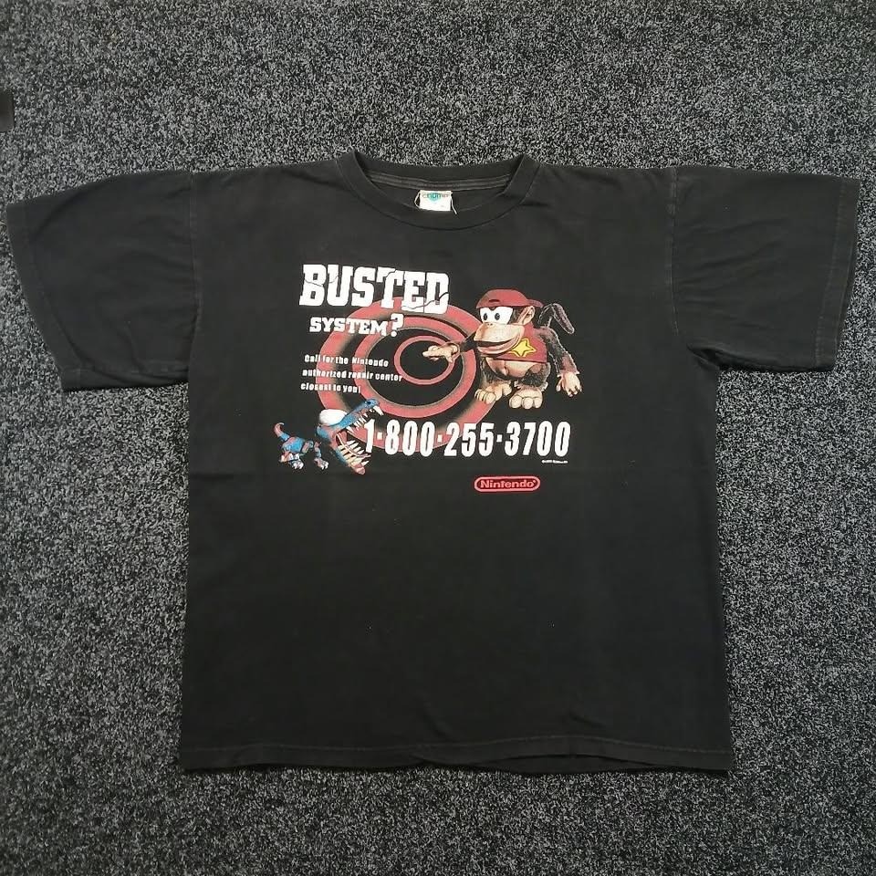 Vintage 95 Rare Nintendo Busted System Diddy Kong Donkey Kong T-Shirt Black XL