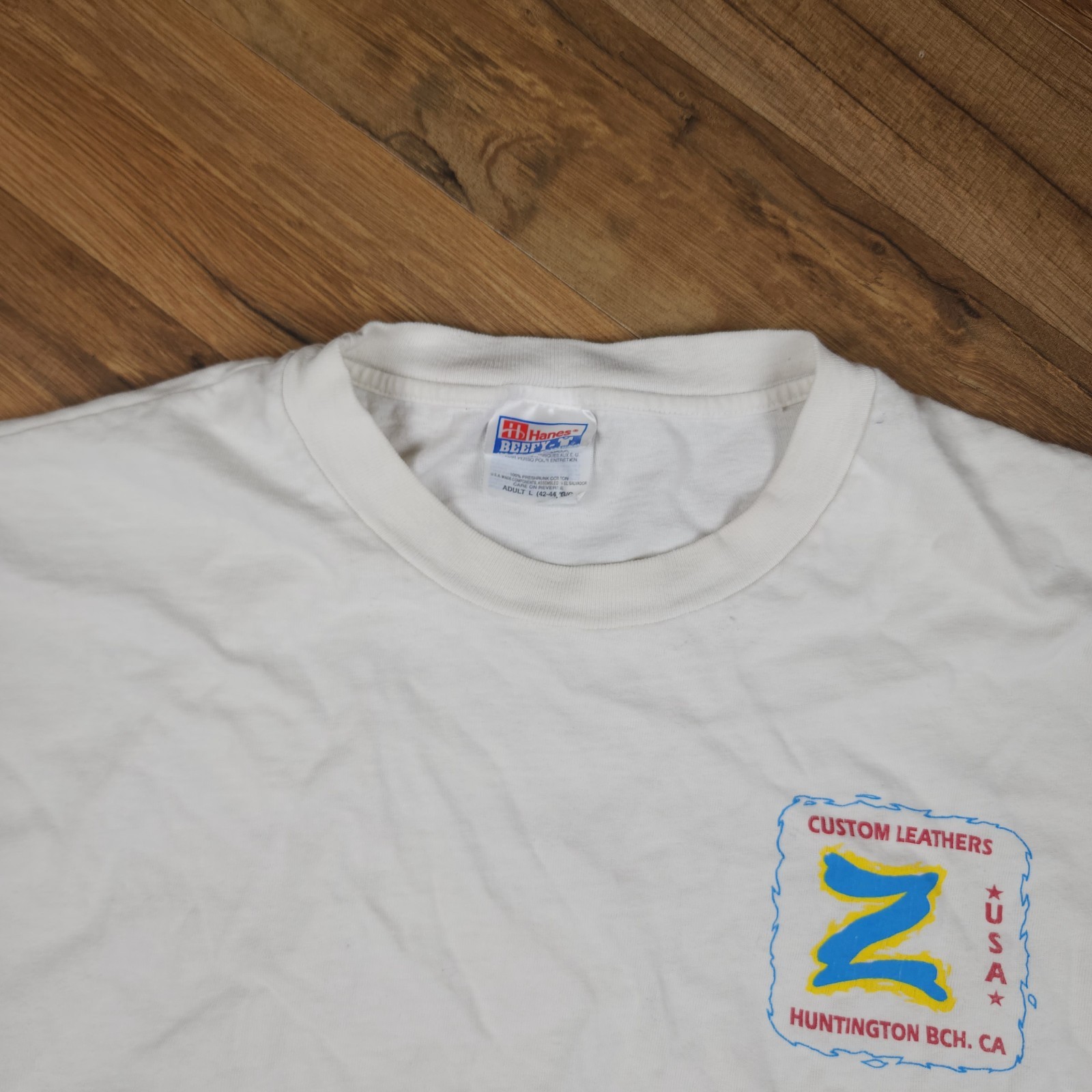 Vintage Z’s Custom Leathers Motorcycle Racing Tee Mens L White Biker CA Y2K