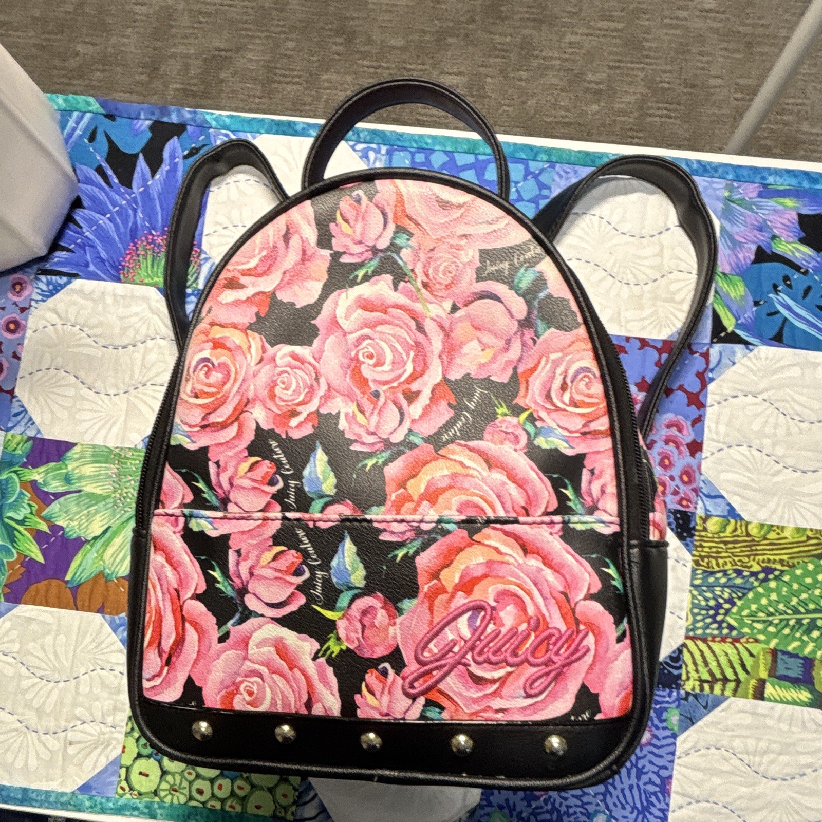Juicy Couture Floral Rose Print Small Backpack Black/Pink Gold Studs Zip