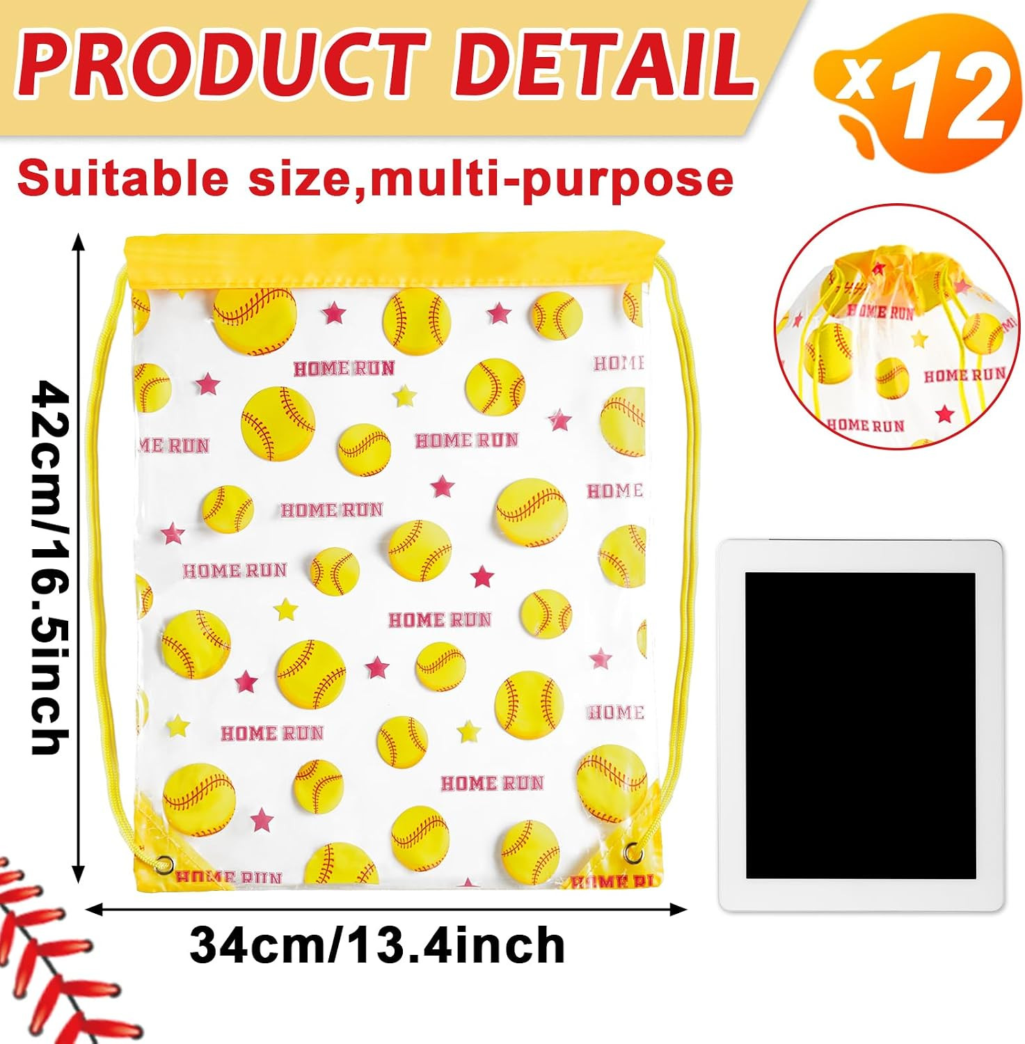 12 Pack Clear Softball Drawstring Bags Ball Game Srting Backpacks 17 × 13 Inch G