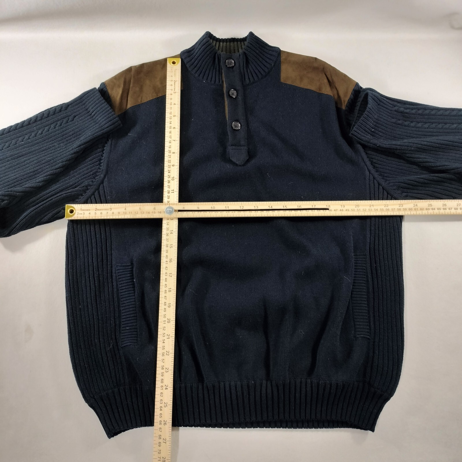 Alex Cannon 3 Button Placket Blue Long Sleeves Sweater with Suede Mens Size L