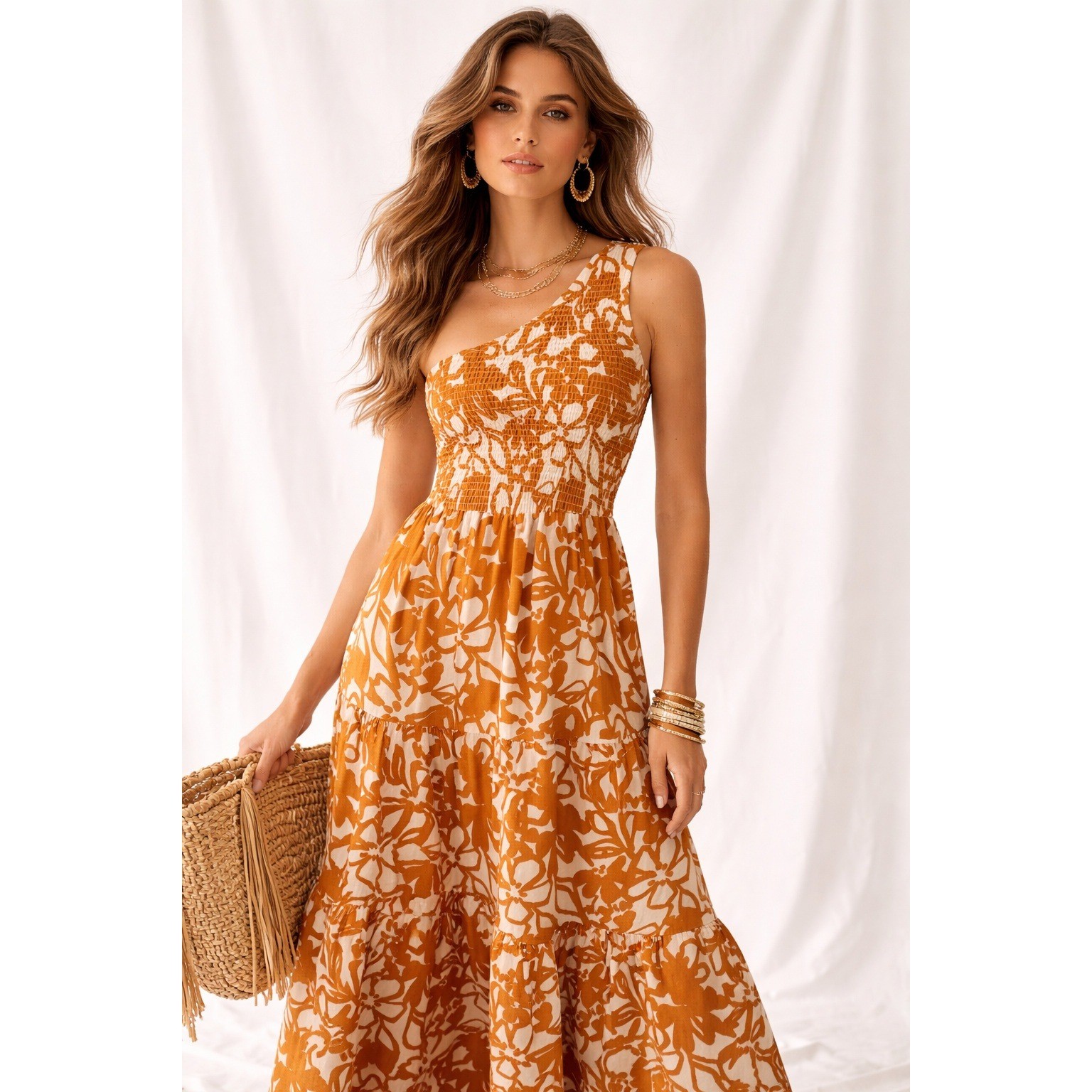 Sugarlips Marida Caramel Floral Smocked One Shoulder Lys Maxi Dress Size S NWT