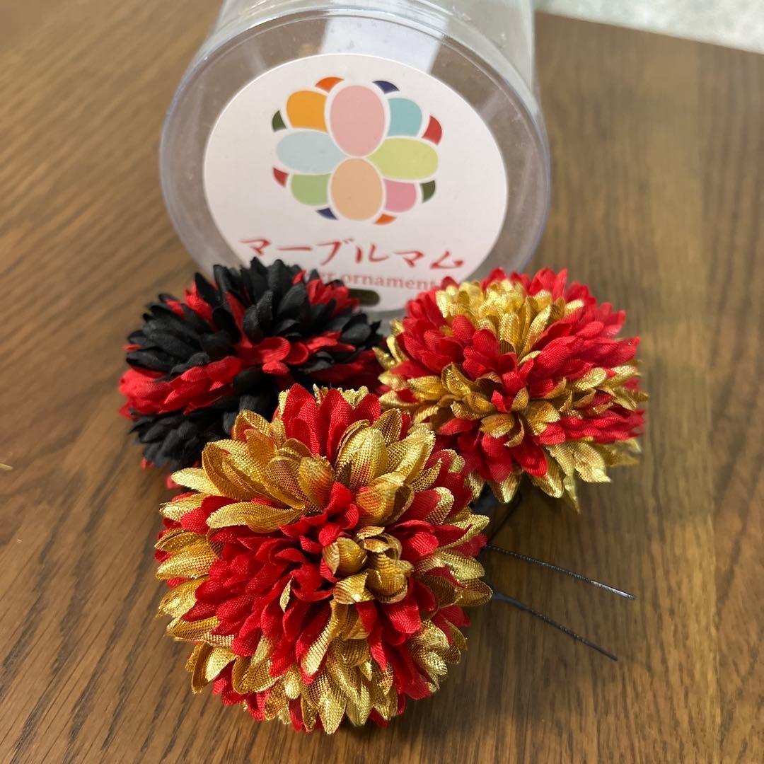 Flower Motif Hair Ornament Red Black Gold Kimono Furisode Hakama 6cm
