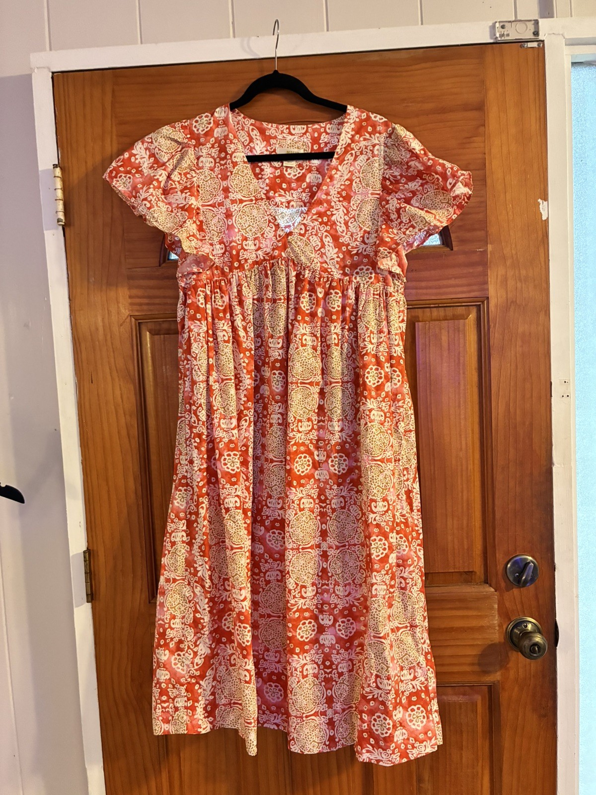 Maeve Babydoll Flutter Sleeve Printed Midi Dress Sz M Boho Chic Cottage Pockets