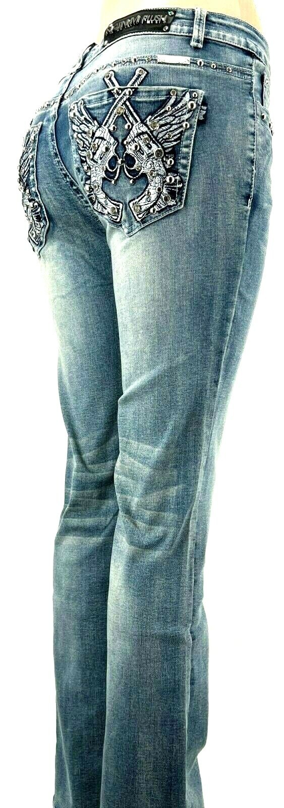 Platinum Plush Ladies Rhinestone Blue Denim Cross Pistols Jeans #4045 Size 5