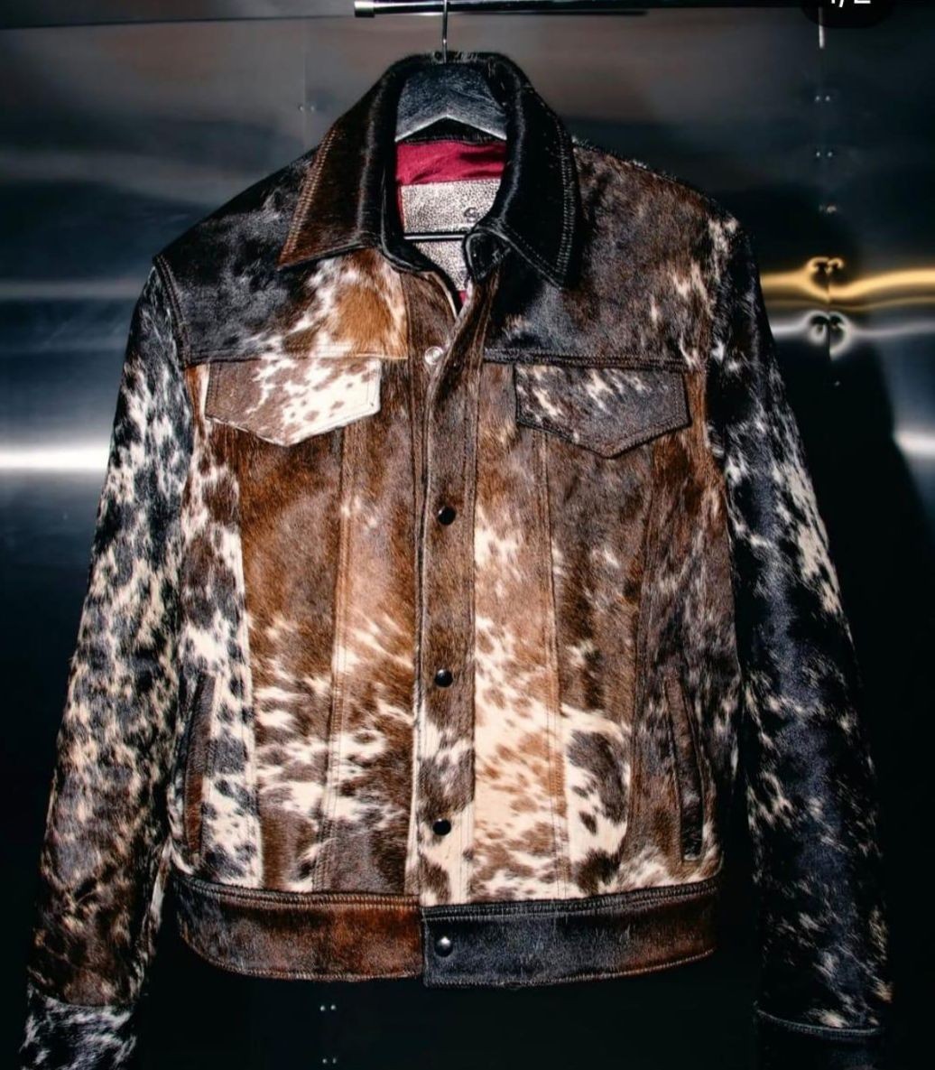 Men’s Real Cowhide Leather Jacket Hair-On Fur Natural Cow Skin Western jacket