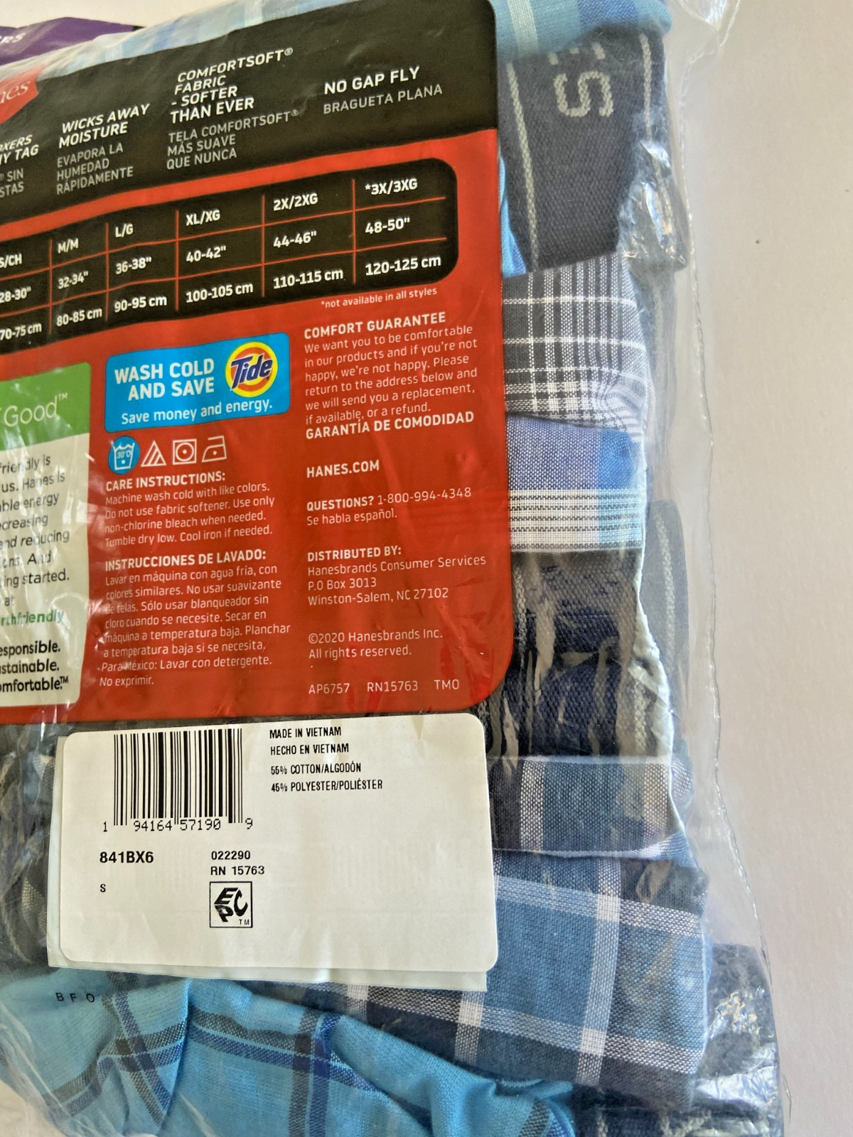 6-Pack HANES Men’s Size S Tagless Boxers Wicking Cool Comfort Plaid No Gap Fly