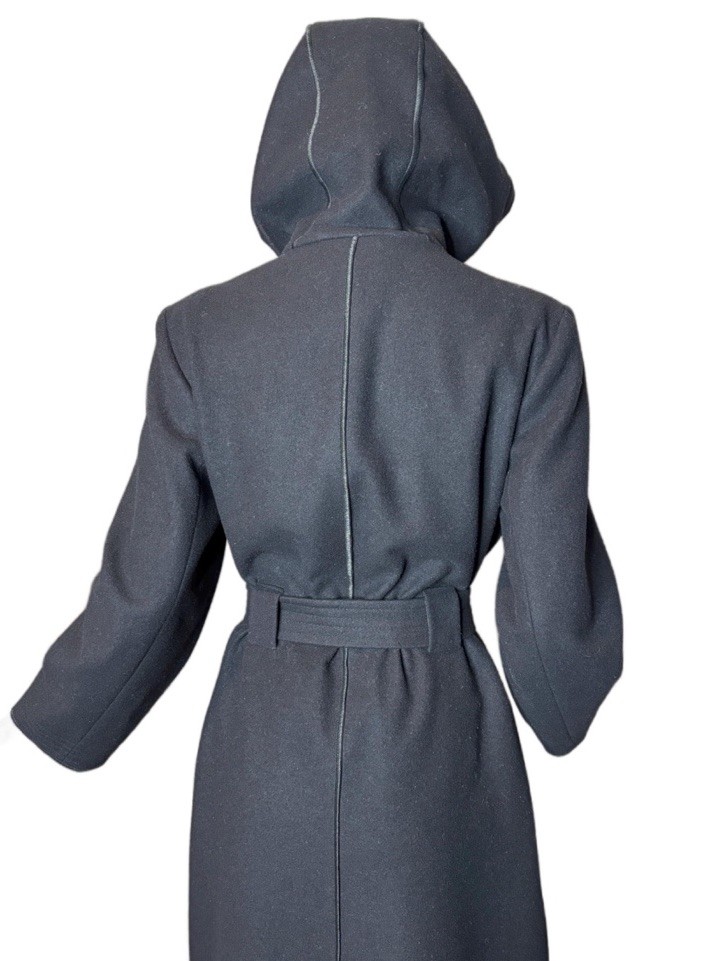 Vintage Wool Full Length Coat Hooded Black Button Down Harvé Benard Rare XS/S