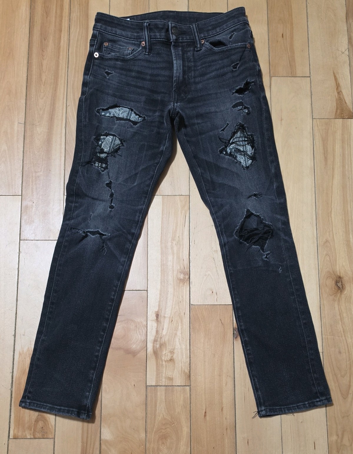 American Eagle Airflex 360 Skinny Jeans Black Distressed Ripped Patch Mens 26×27