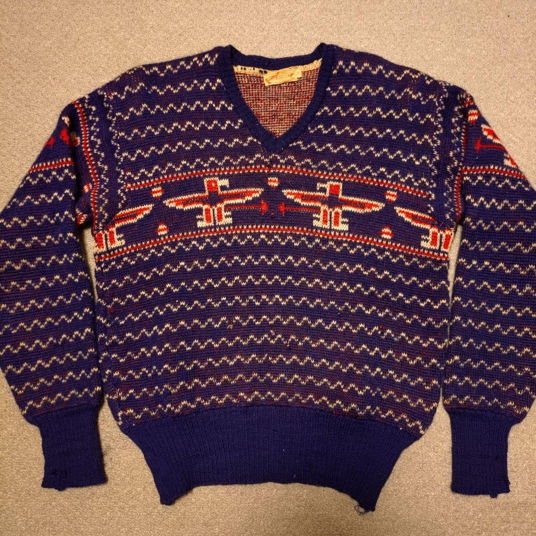 50s Vintage Randen Thunderbird Knit Sweater USA Made Navajo Pattern Size L