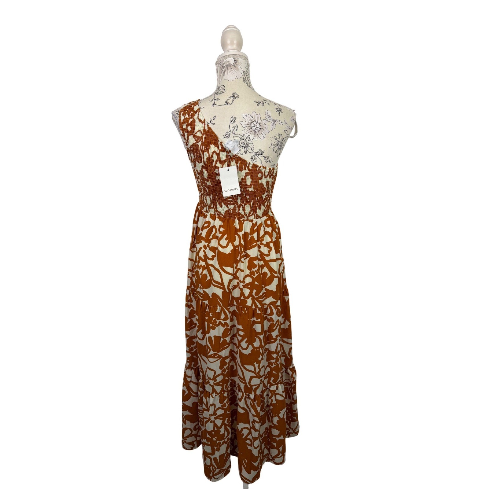 Sugarlips Marida Caramel Floral Smocked One Shoulder Lys Maxi Dress Size S NWT
