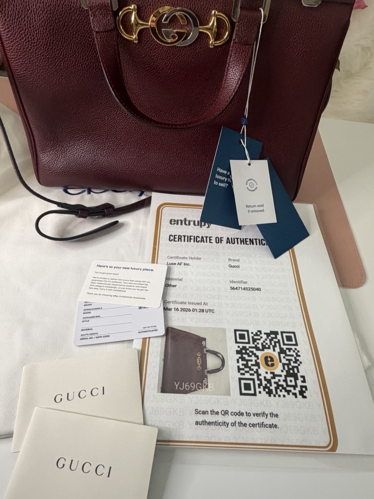 Gucci Zumi Grained Leather Medium Top Handle Shoulder Bag Burgundy Entrupy COA