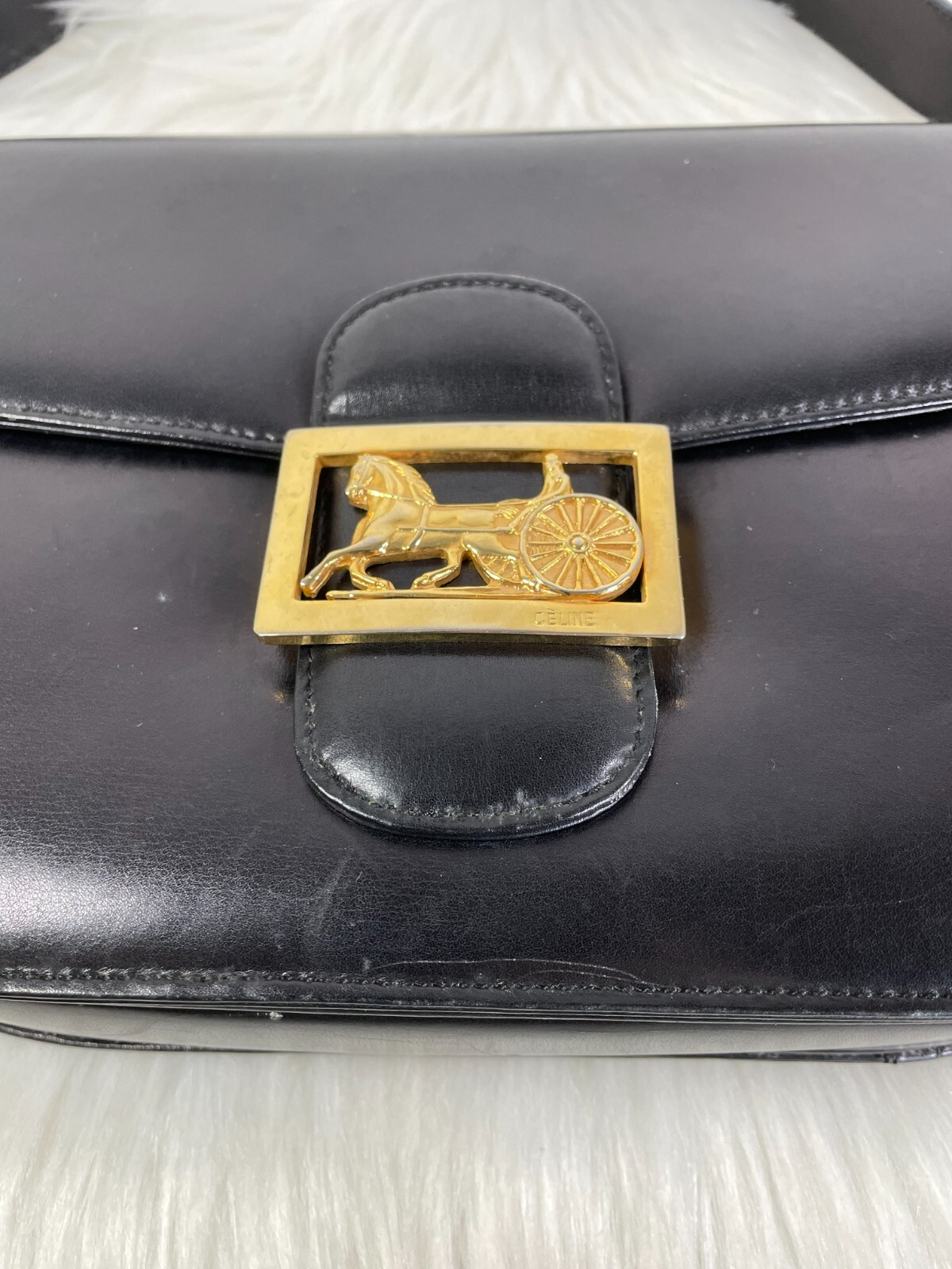 Celine Horse Carriage Shoulder Bag Black Leather Old Vintage Authen