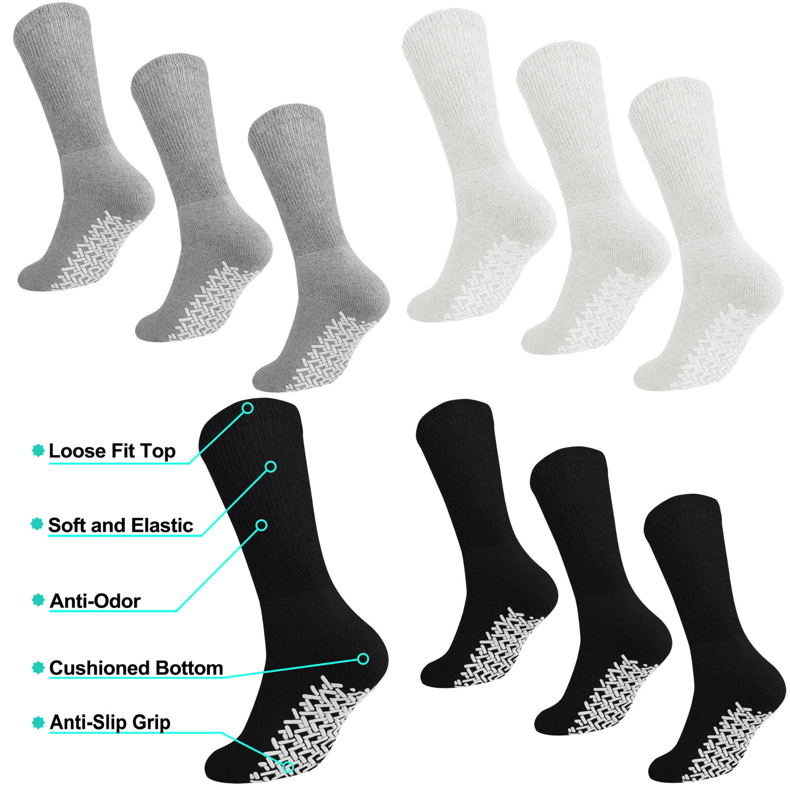 3 Pairs Anti Slip Rubber Grip Non Skid Crew Cotton Diabetic Socks Home Hospital