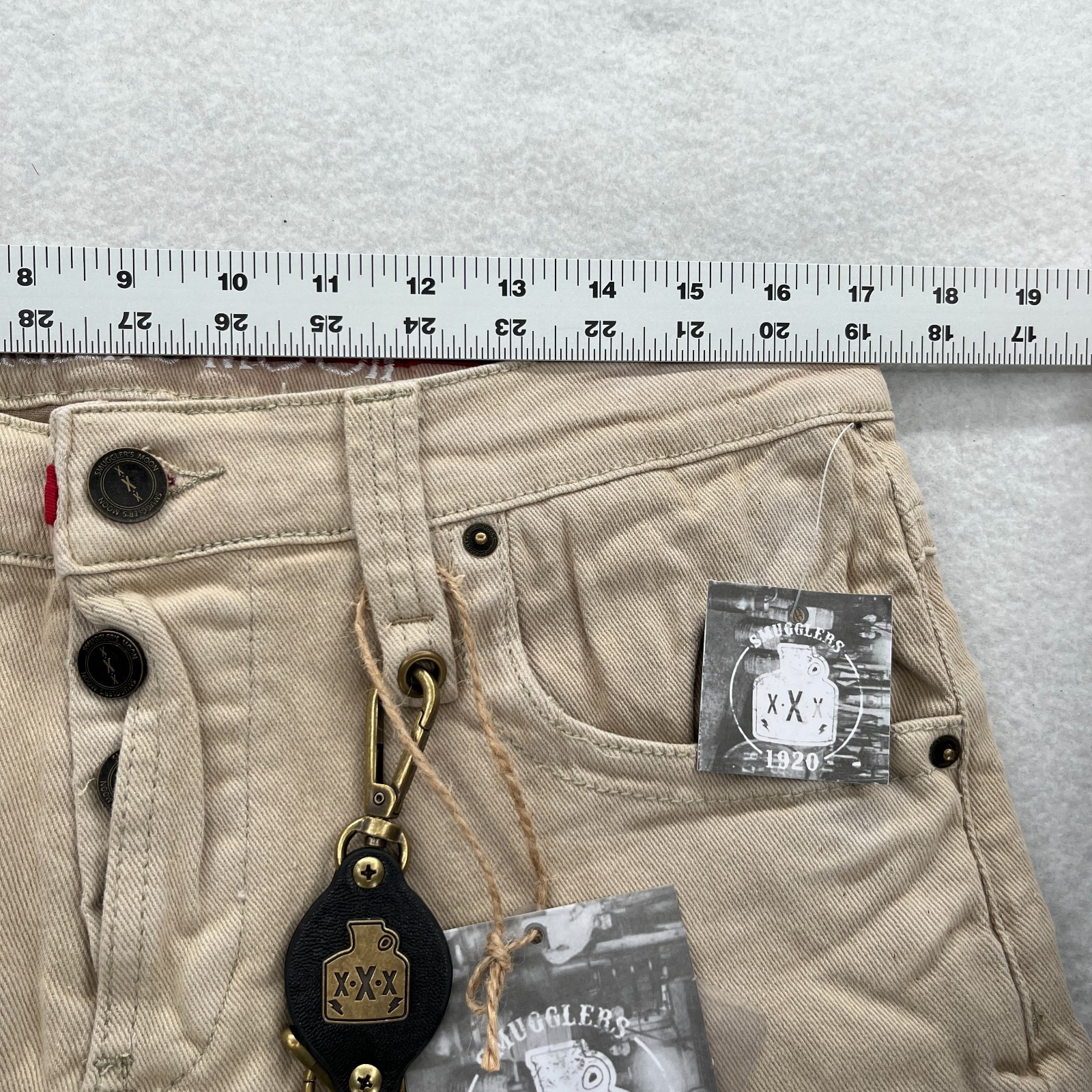 Smugglers Moon Jeans Mens 34×32 Khaki Beige Denim Button Fly Roll Up Distressed