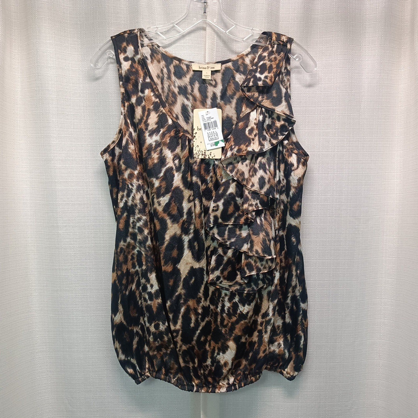 Brina & Em Womens L Leopard Print Ruffle Bubble Hem Sleeveless Blouse Tannin NWT